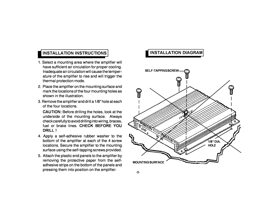Audiovox PAS2150 Installation Instructions, Installation Diagram, SELF-TAPPINGSCREW 1/8 DIA HOLE MOUNTING SURFACE 