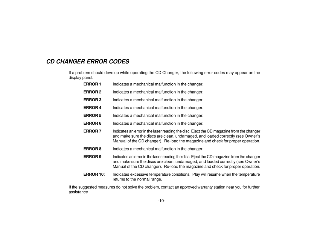 Audiovox PAV-1 manual CD Changer Error Codes 