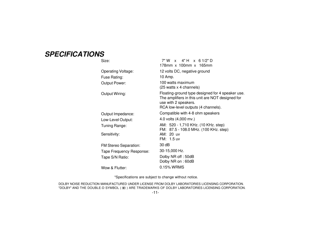 Audiovox PAV-1 manual Specifications are subject to change without notice 