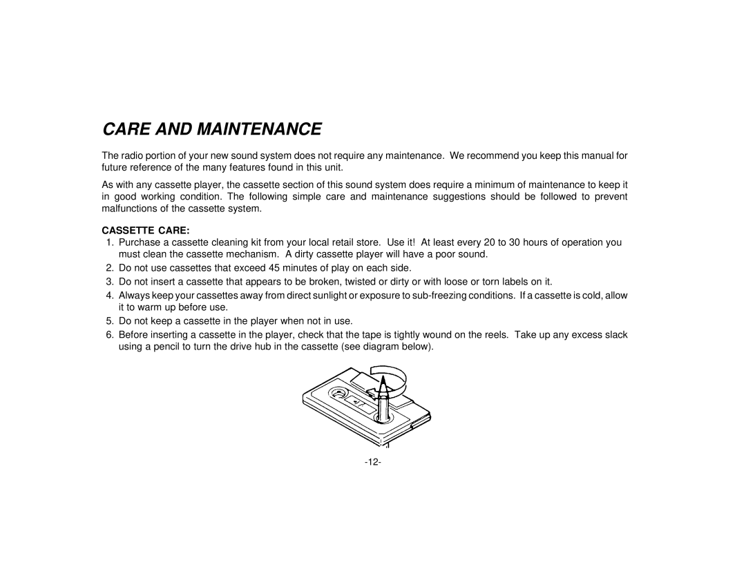 Audiovox PAV-1 manual Care and Maintenance, Cassette Care 