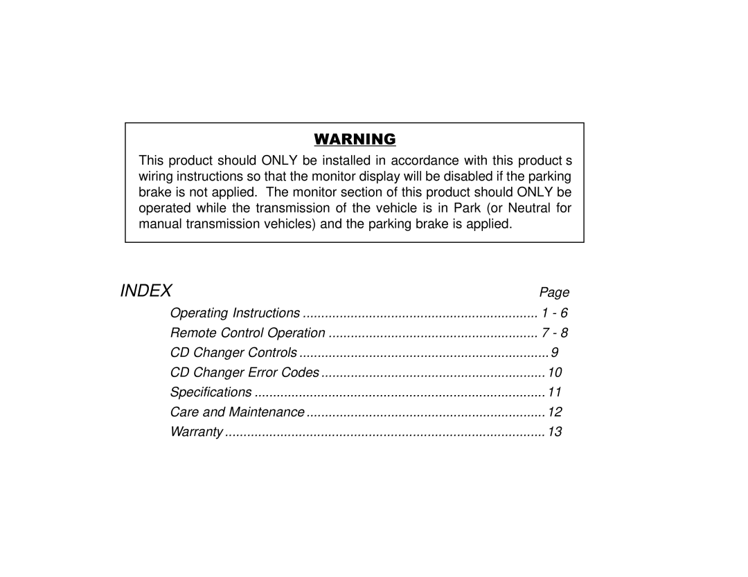 Audiovox PAV-1 manual Index 