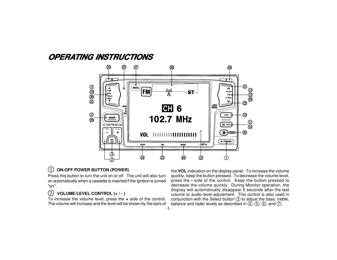 Audiovox PAV-1 manual Operating Instructions, ON-OFF Power Button Power, VOLUME/LEVEL Control + 