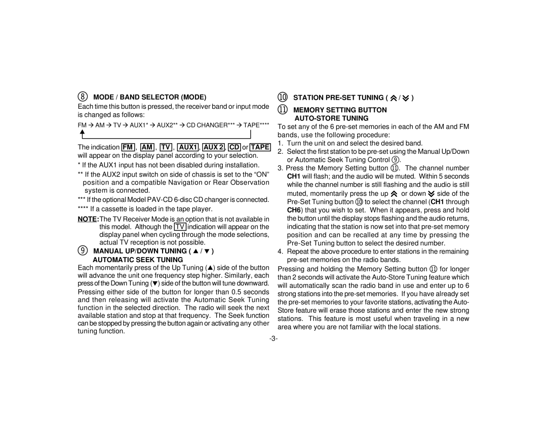 Audiovox PAV-1 manual Mode / Band Selector Mode, AUX1 Tape, Manual UP/DOWN Tuning, Automatic Seek Tuning 