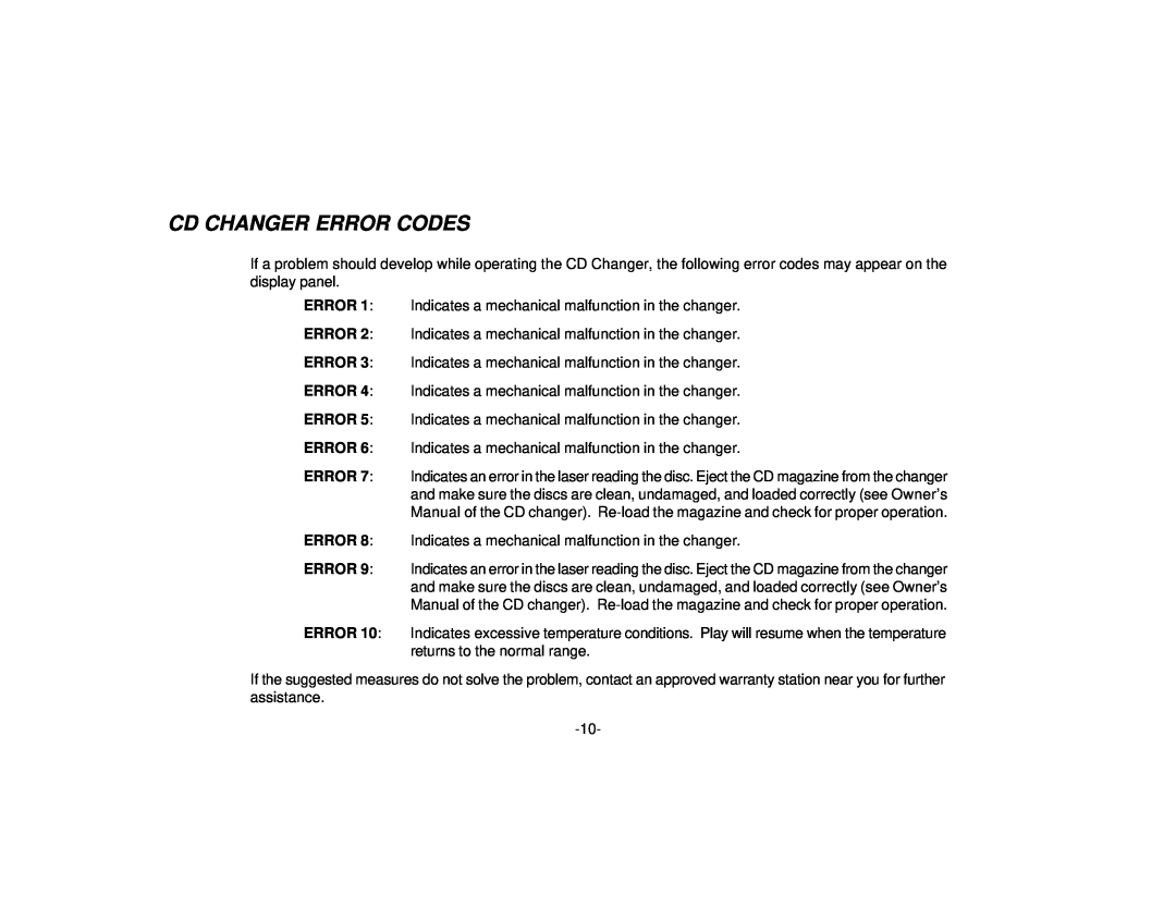Audiovox PAV-1 manual Cd Changer Error Codes 