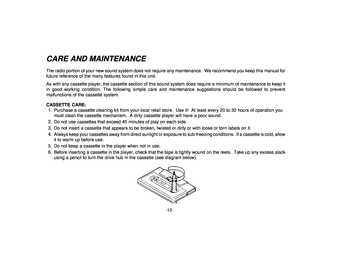 Audiovox PAV-1 manual Care And Maintenance, Cassette Care 
