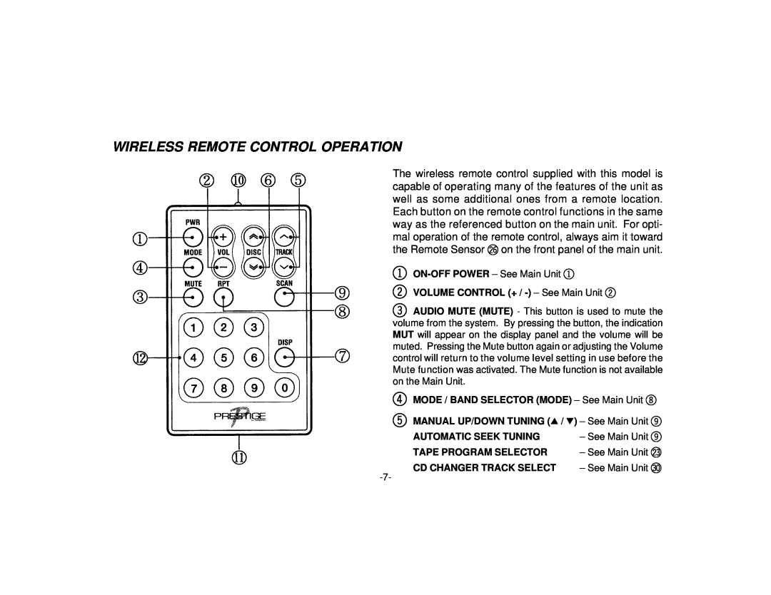 Audiovox PAV-1 manual Wireless Remote Control Operation 