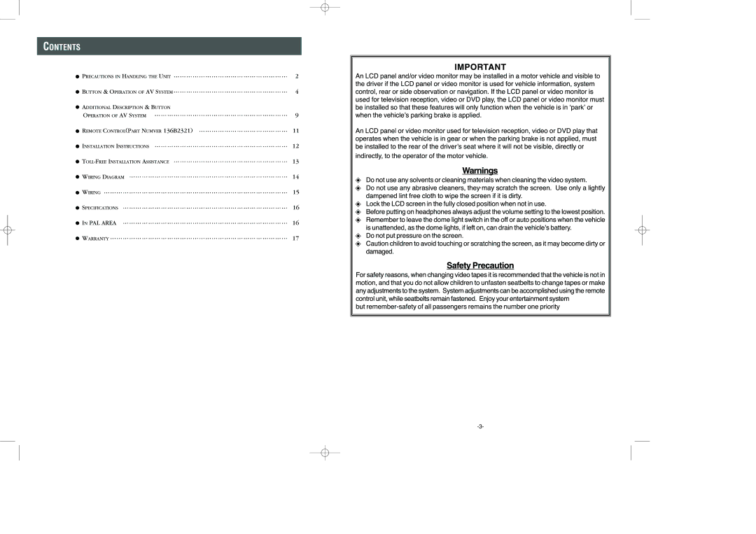 Audiovox PAV-7 owner manual Contents 