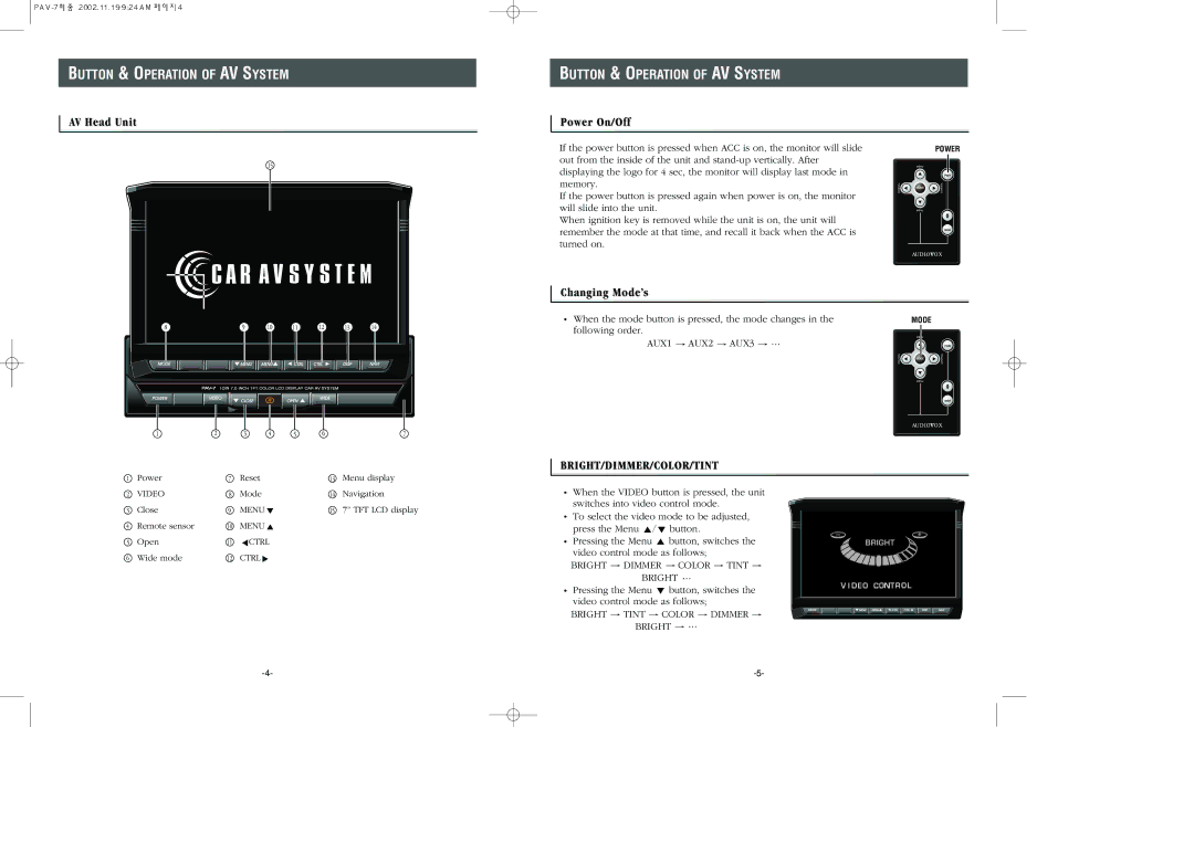 Audiovox PAV-7 owner manual Button & Operation of AV System, AV Head Unit, Power On/Off, Changing Mode’s 