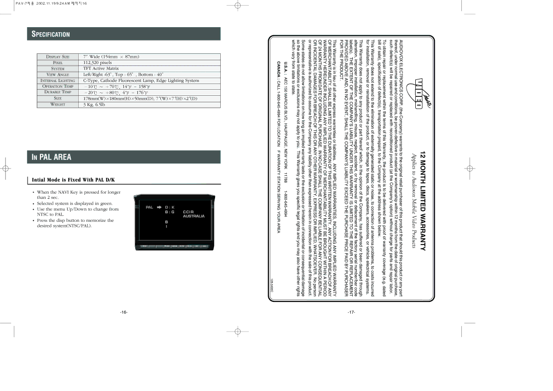 Audiovox PAV-7 owner manual Specification, Intial Mode is Fixed With PAL D/K 