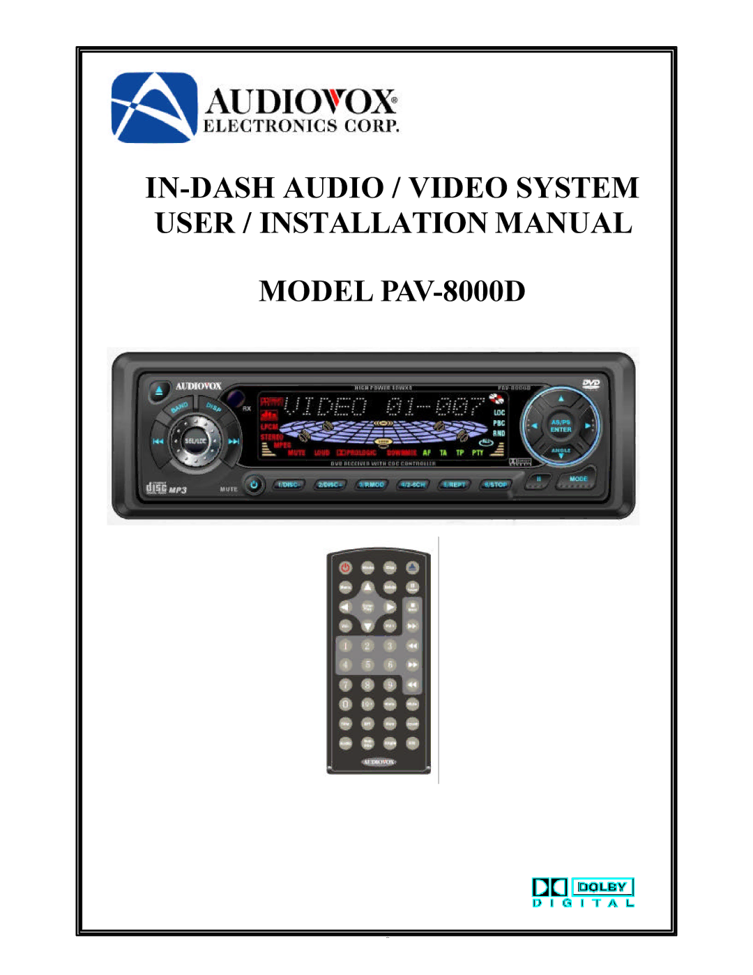 Audiovox PAV-8000D installation manual 