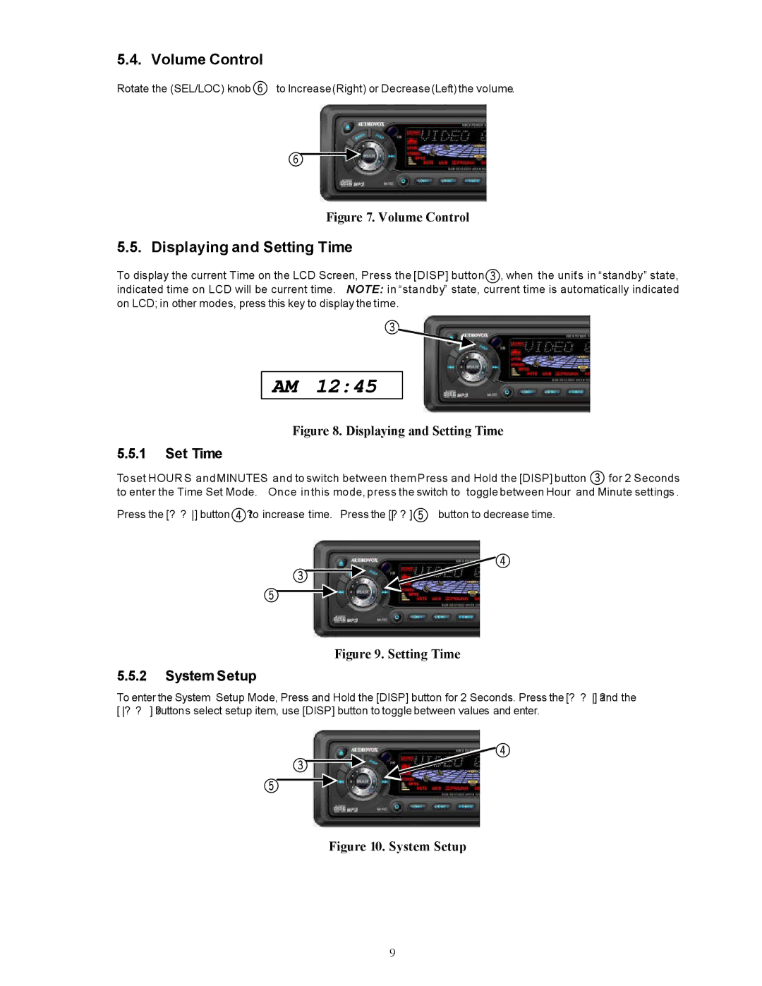 Audiovox PAV-8000D installation manual Volume Control, Displaying and Setting Time, Set Time, System Setup 