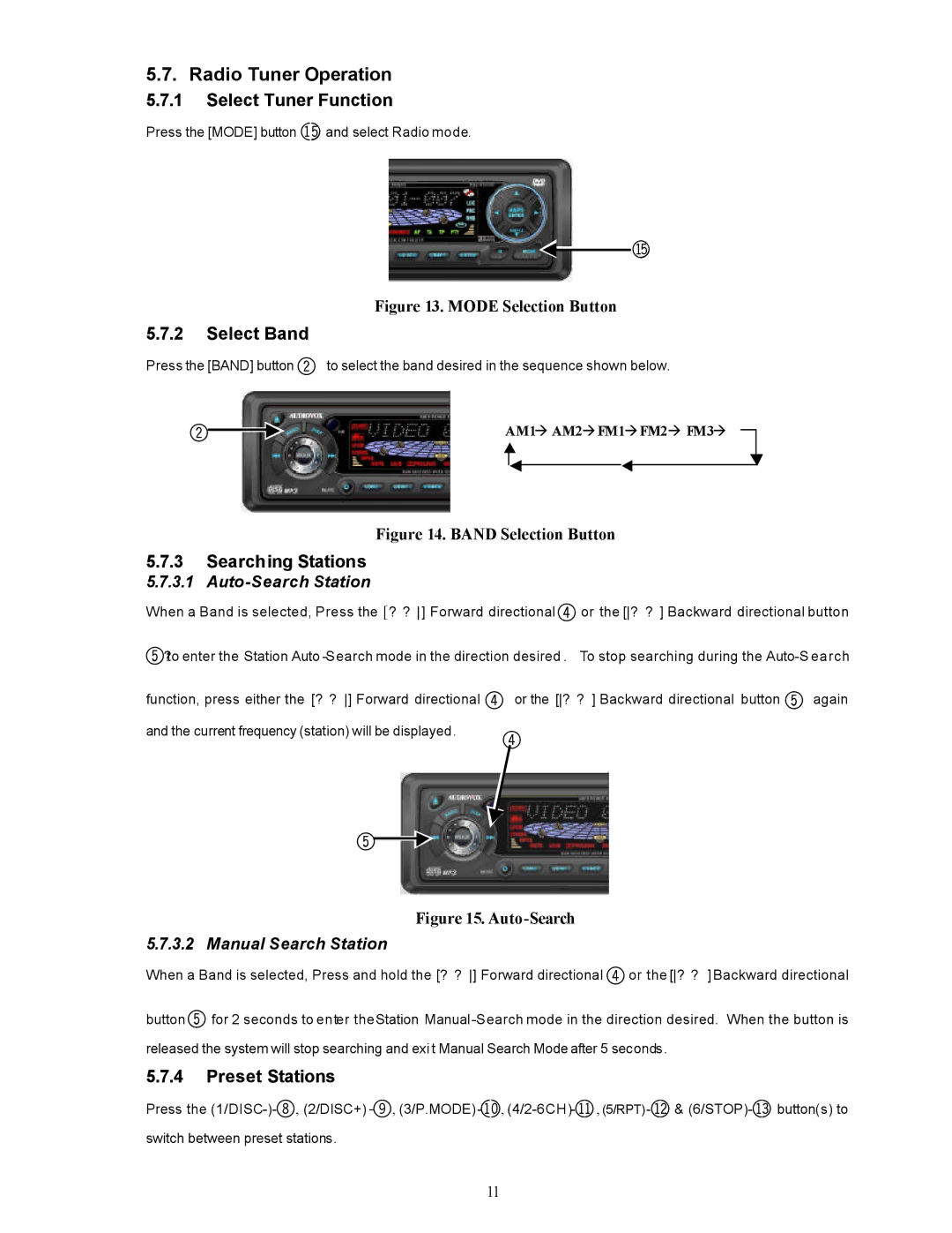 Audiovox PAV-8000D Radio Tuner Operation, Select Tuner Function, Select Band, Searching Stations, Preset Stations 