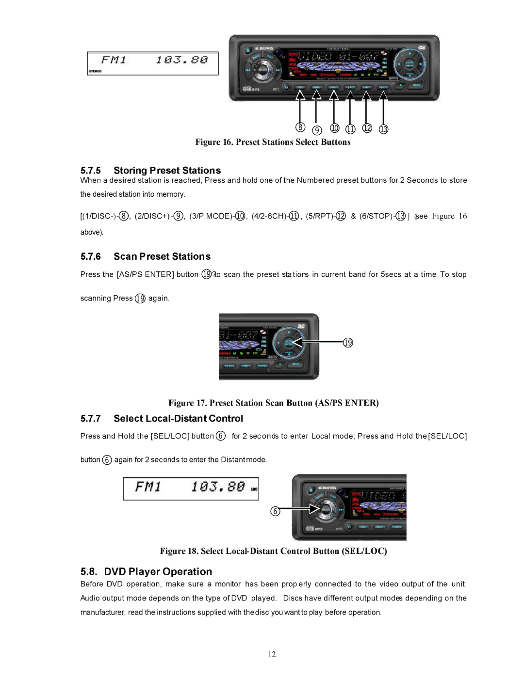 Audiovox PAV-8000D DVD Player Operation, Storing Preset Stations, Scan Preset Stations, Select Local-Distant Control 