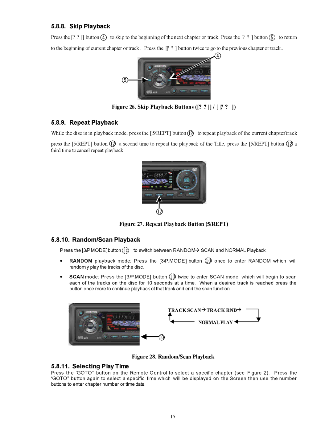 Audiovox PAV-8000D installation manual Skip Playback, Repeat Playback, Random/Scan Playback, Selecting Play Time 