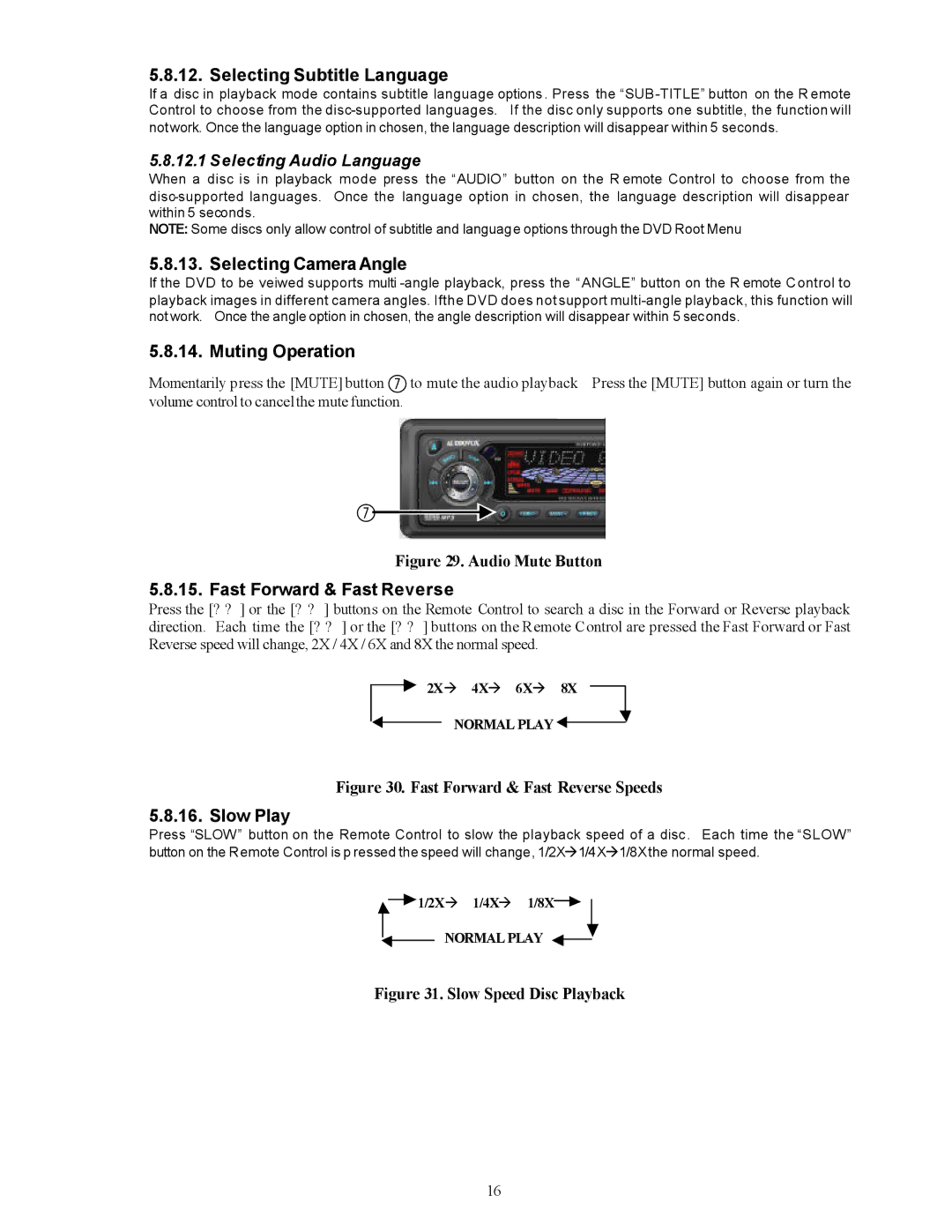 Audiovox PAV-8000D Selecting Subtitle Language, Selecting Camera Angle, Muting Operation, Fast Forward & Fast Reverse 