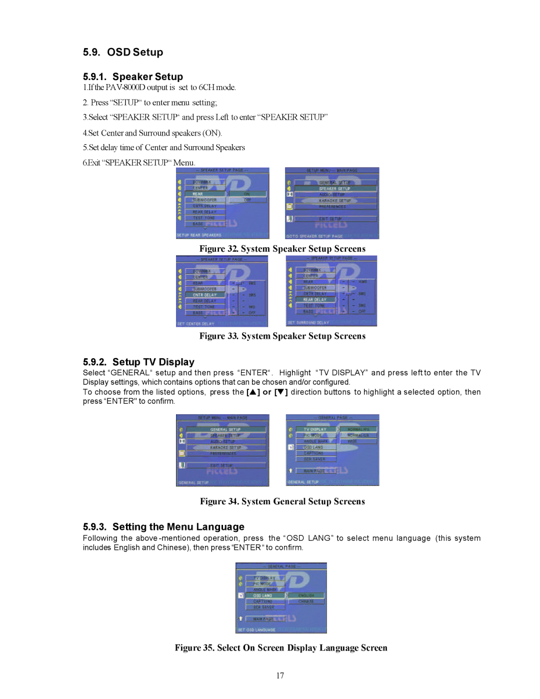 Audiovox PAV-8000D installation manual OSD Setup, Speaker Setup, Setup TV Display, Setting the Menu Language 