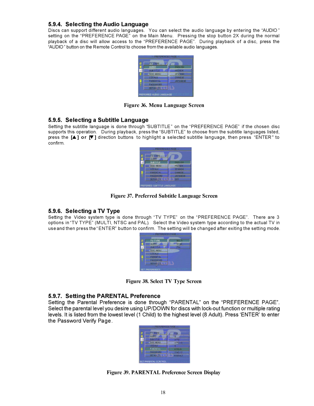 Audiovox PAV-8000D installation manual Selecting the Audio Language, Selecting a Subtitle Language, Selecting a TV Type 