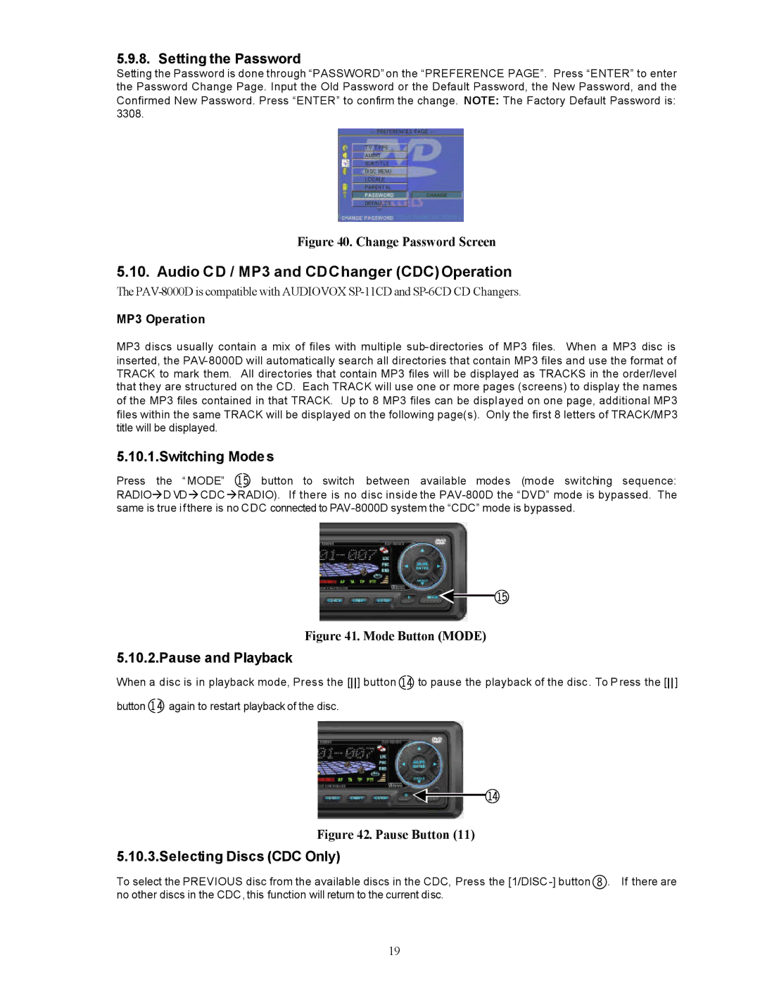 Audiovox PAV-8000D Audio CD / MP3 and CDChanger CDC Operation, Setting the Password, Switching Mode s, Pause and Playback 