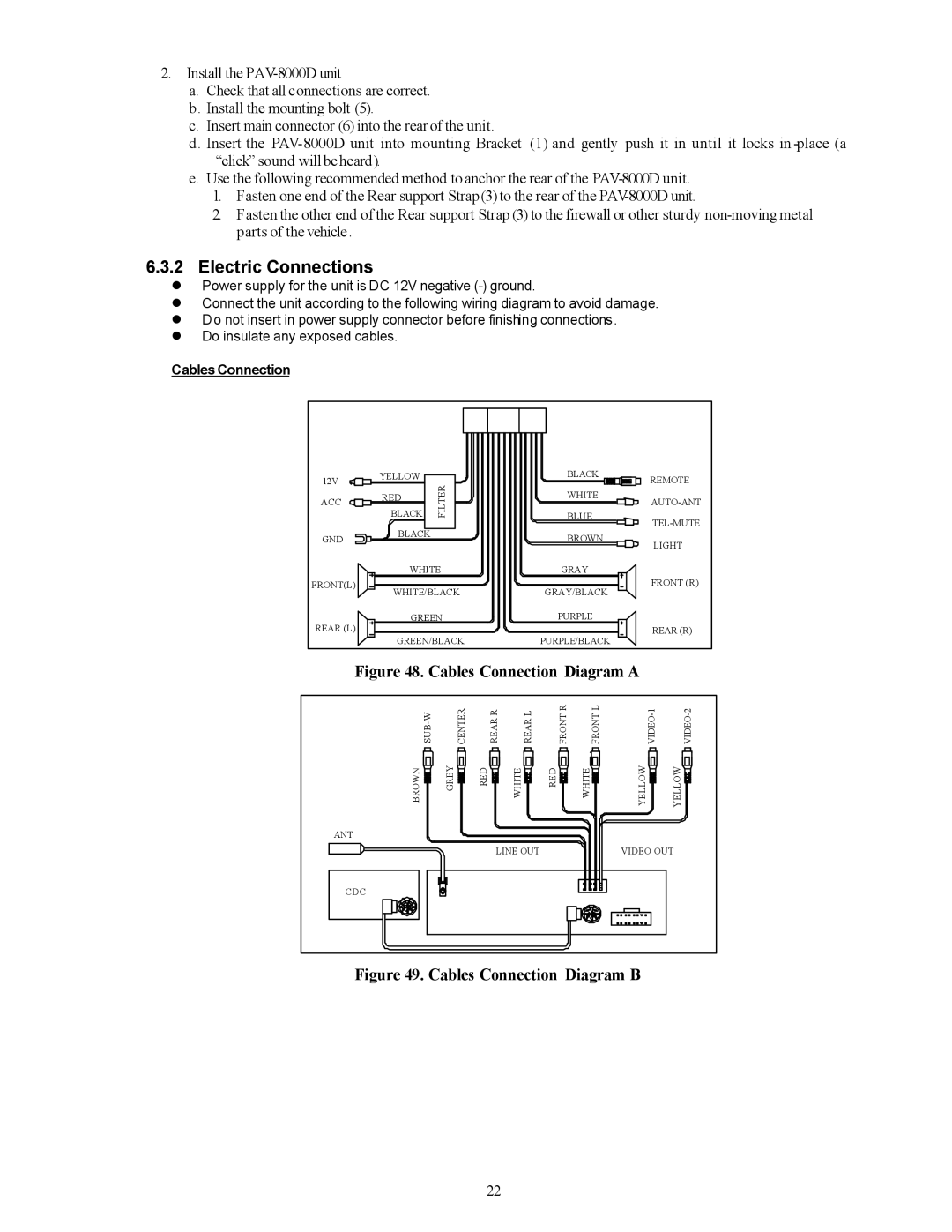 Audiovox PAV-8000D installation manual Electric Connections, Cables Connection 