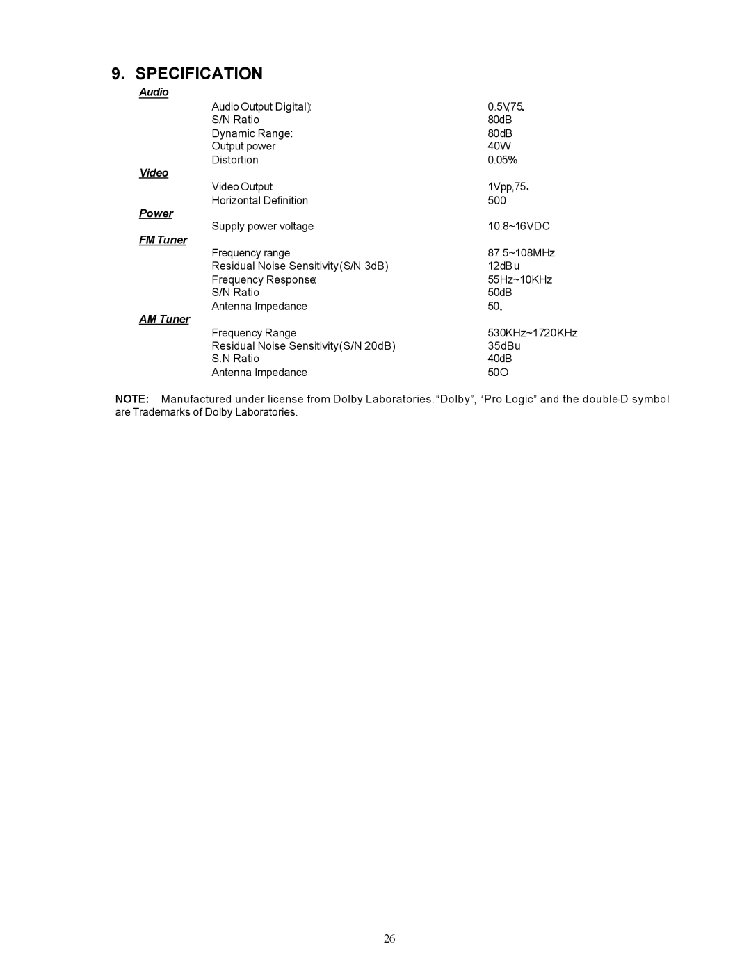 Audiovox PAV-8000D installation manual Specification, FM Tuner 