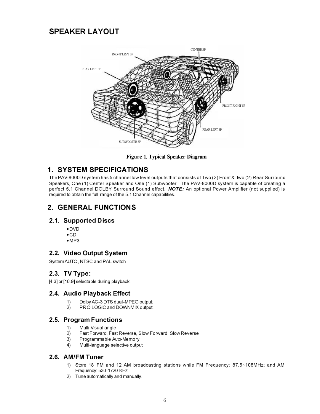 Audiovox PAV-8000D installation manual System Specifications, General Functions 