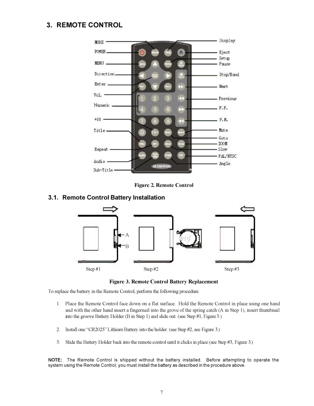 Audiovox PAV-8000D installation manual Remote Control Battery Installation 