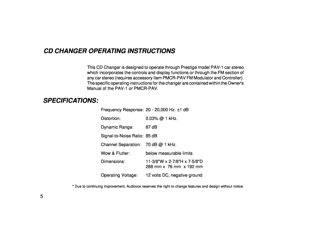 Audiovox PAV-CD manual Cd Changer Operating Instructions, Specifications 