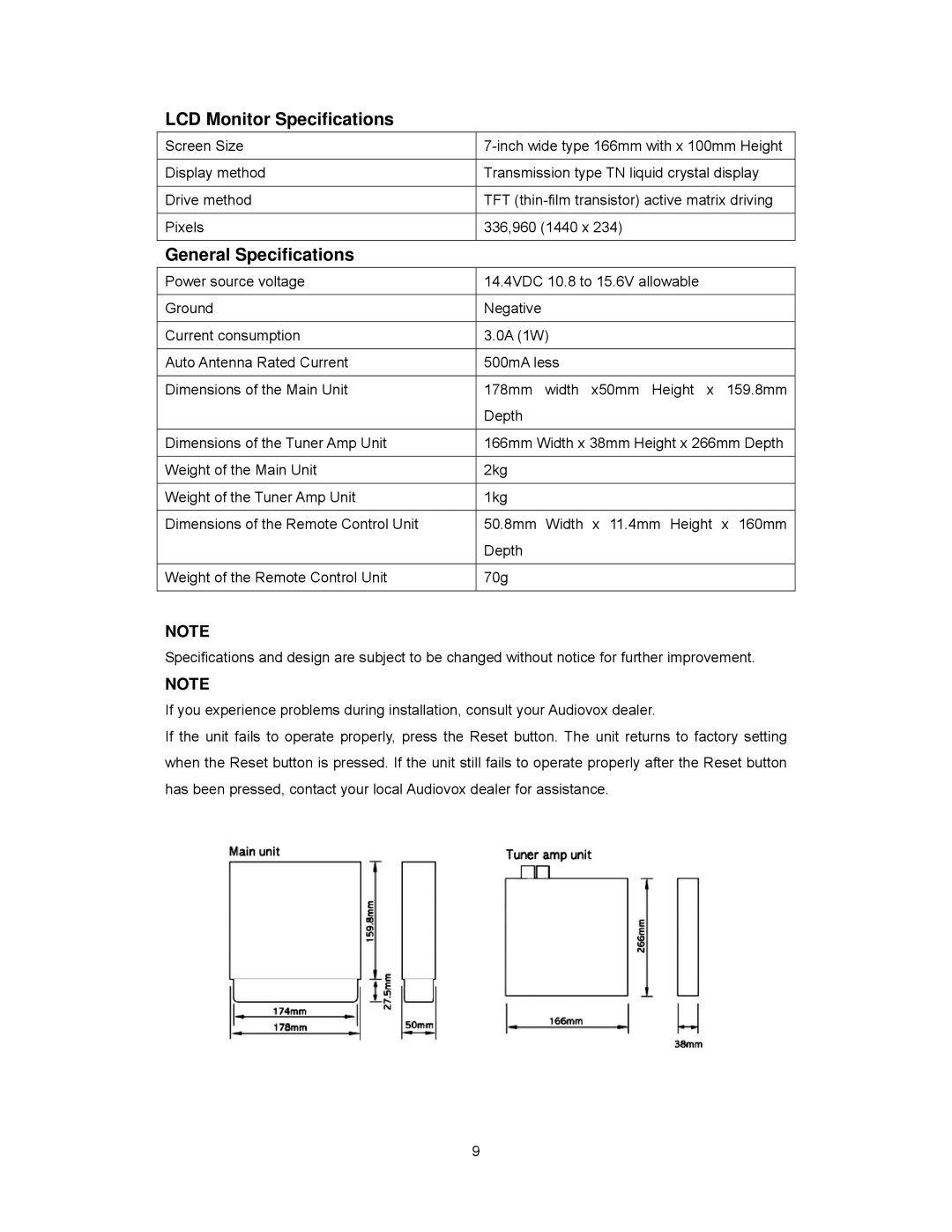 Audiovox PAV2000DTV manual LCD Monitor Specifications, General Specifications 