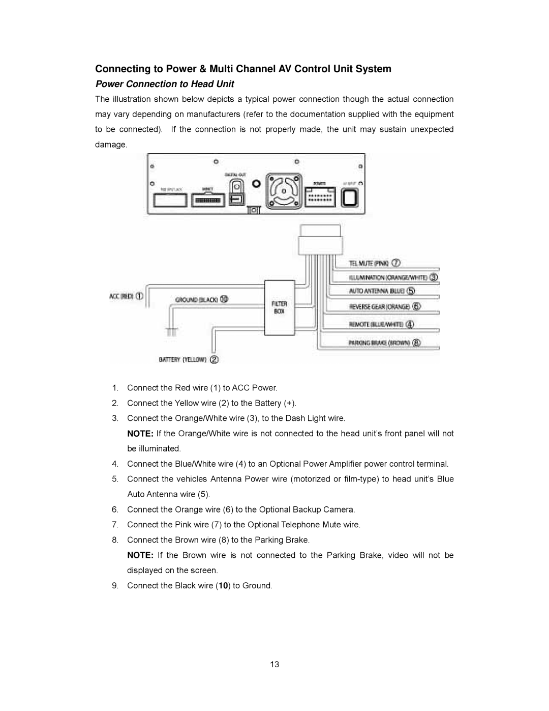 Audiovox PAV2000DTV manual Connecting to Power & Multi Channel AV Control Unit System, Power Connection to Head Unit 