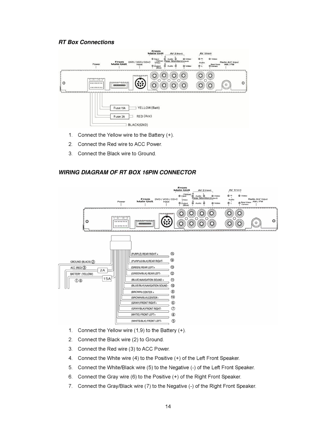 Audiovox PAV2000DTV manual RT Box Connections, Wiring Diagram of RT BOX 16PIN Connector 