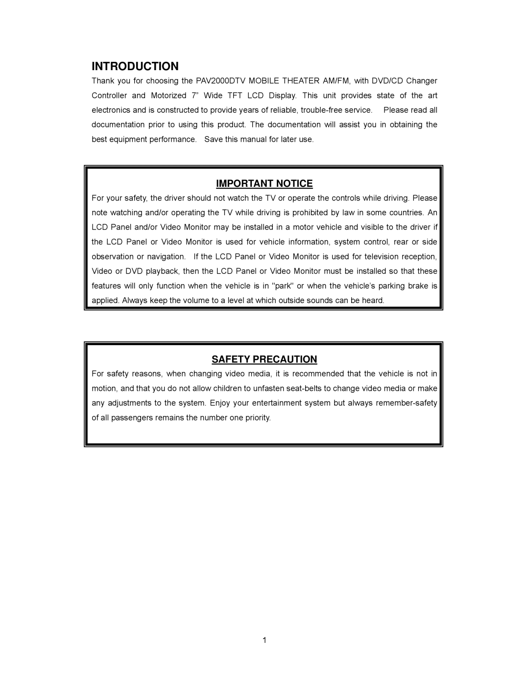 Audiovox PAV2000DTV manual Introduction, Important Notice 