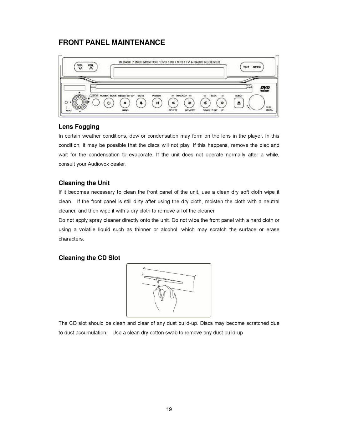 Audiovox PAV2000DTV manual Front Panel Maintenance, Lens Fogging, Cleaning the Unit, Cleaning the CD Slot 