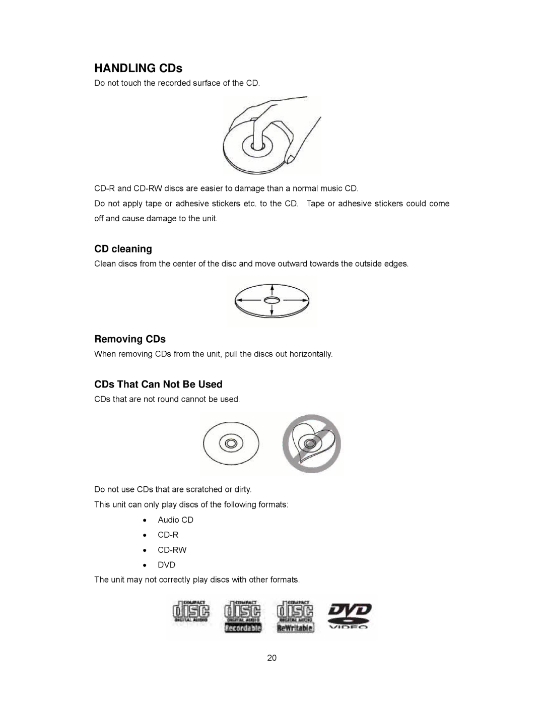 Audiovox PAV2000DTV manual CD cleaning, Removing CDs, CDs That Can Not Be Used 