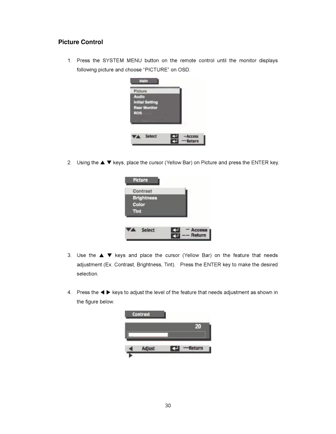 Audiovox PAV2000DTV manual Picture Control, Figure below 