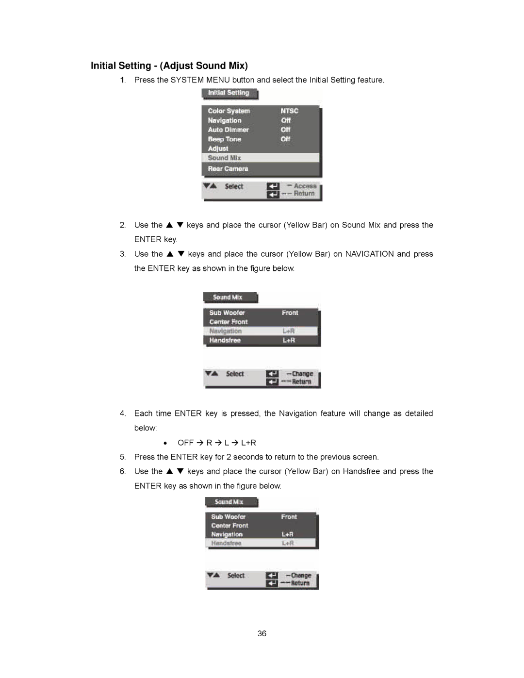 Audiovox PAV2000DTV manual Initial Setting Adjust Sound Mix, Off Æ R Æ L Æ L+R 