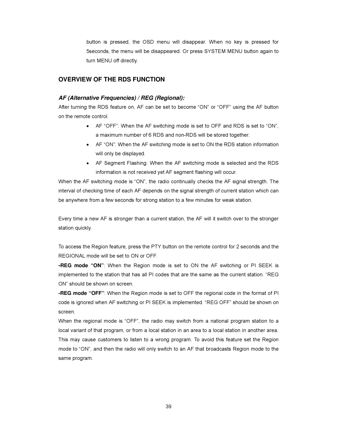 Audiovox PAV2000DTV manual Overview of the RDS Function, AF Alternative Frequencies / REG Regional 