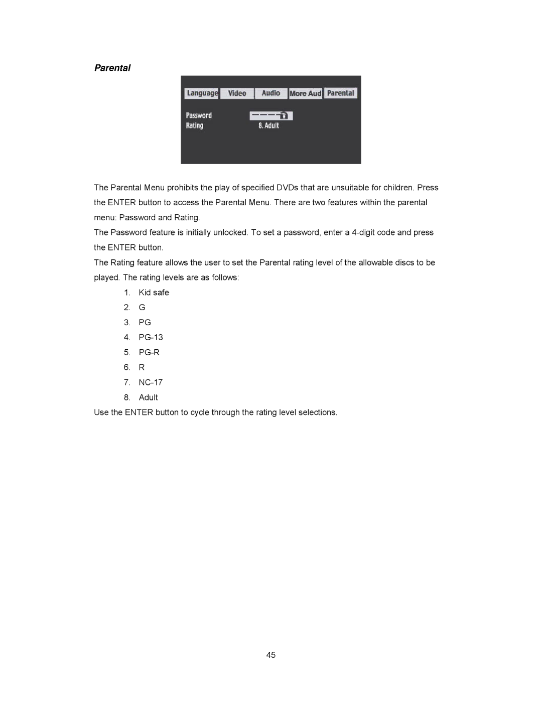 Audiovox PAV2000DTV manual Parental 