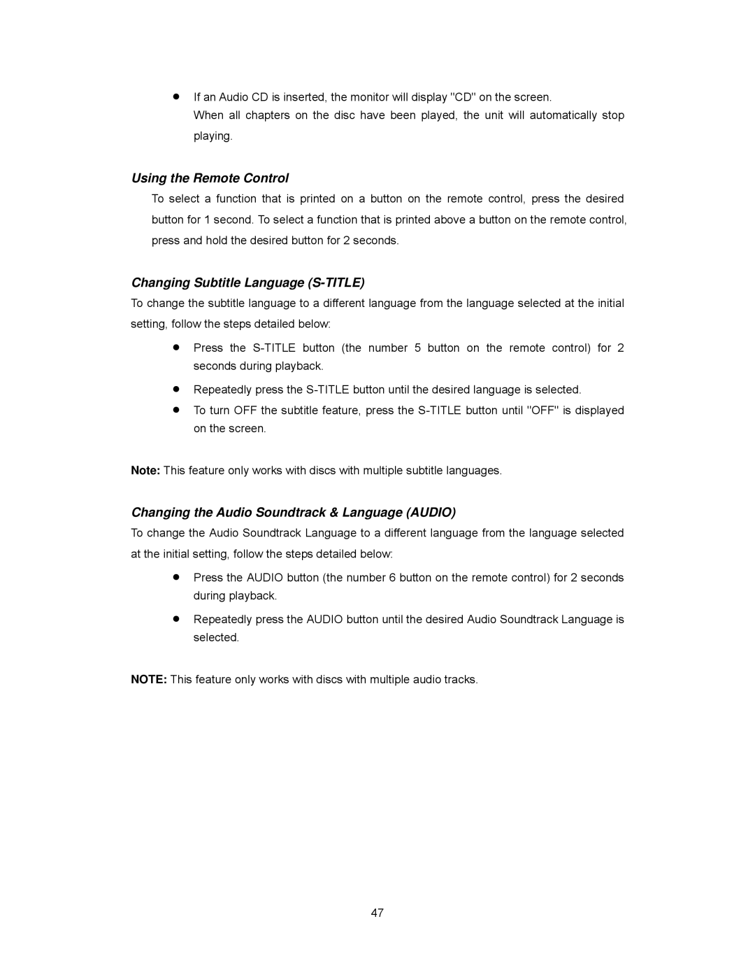 Audiovox PAV2000DTV manual Using the Remote Control, Changing Subtitle Language S-TITLE 