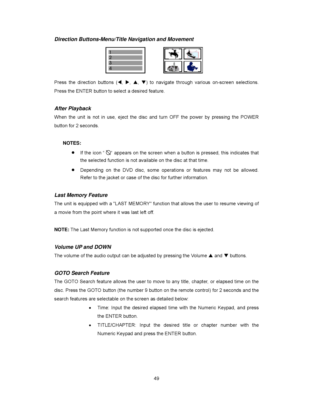 Audiovox PAV2000DTV manual Direction Buttons-Menu/Title Navigation and Movement, After Playback, Last Memory Feature 