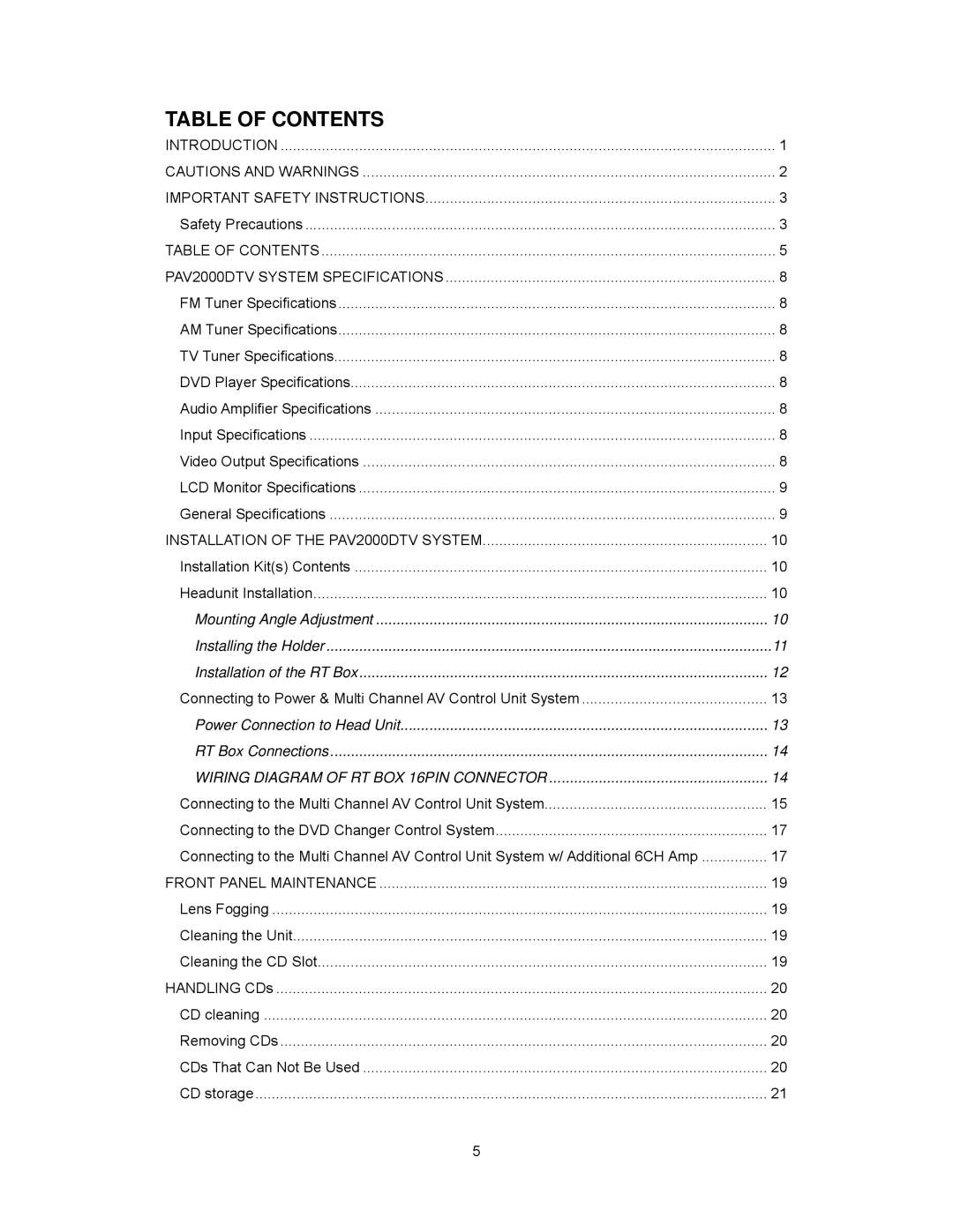 Audiovox PAV2000DTV manual Table of Contents 