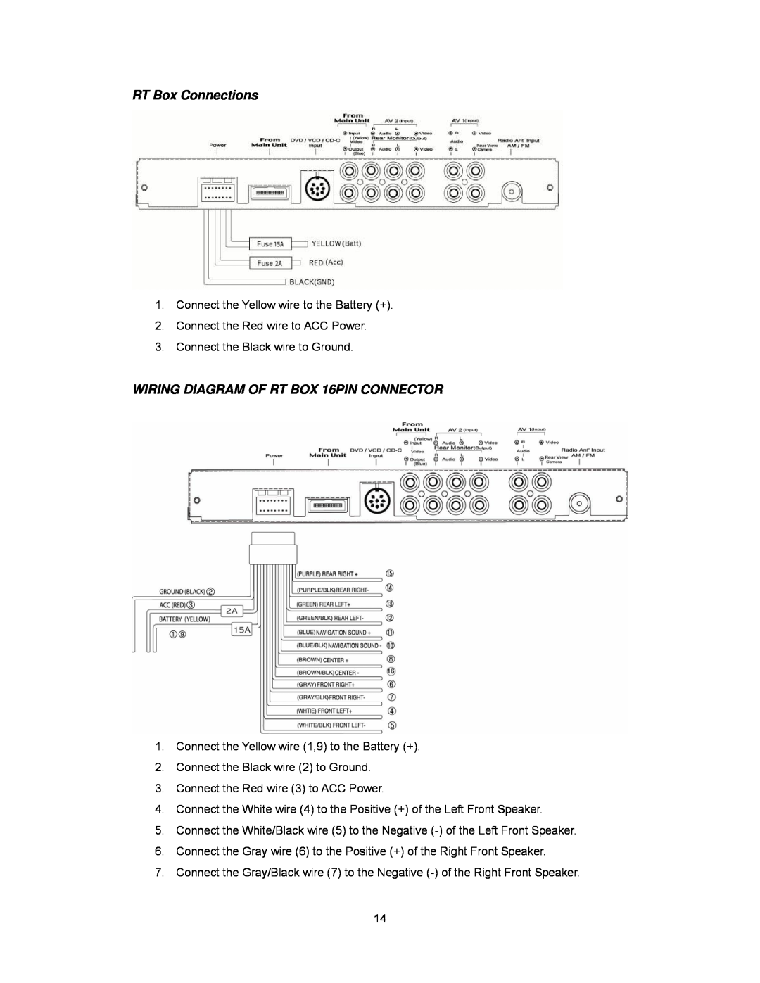 Audiovox PAV2000DTV manual RT Box Connections, WIRING DIAGRAM OF RT BOX 16PIN CONNECTOR 