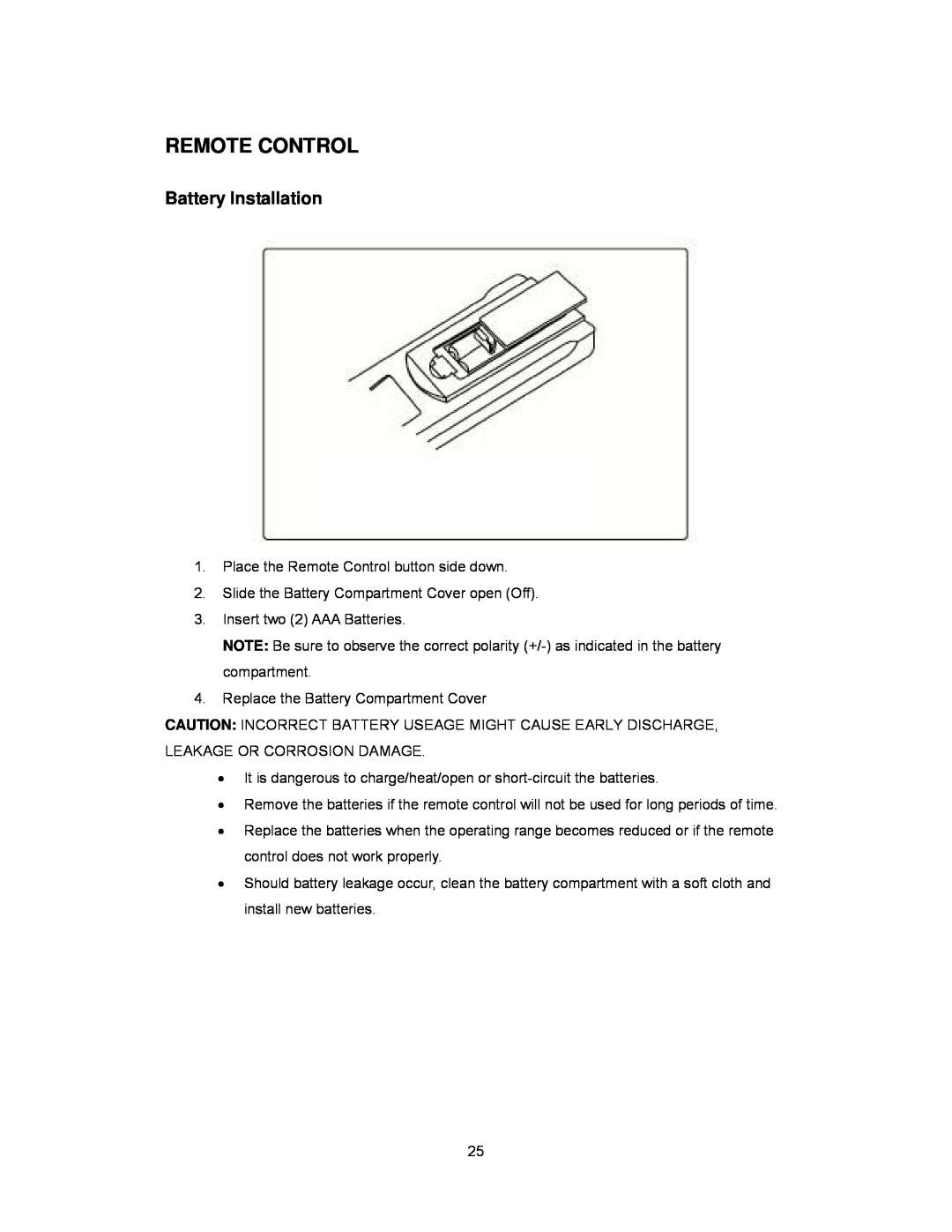 Audiovox PAV2000DTV manual Remote Control, Battery Installation 