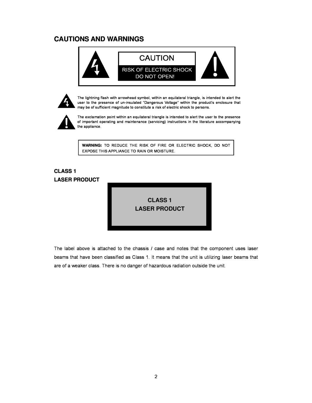 Audiovox PAV2000DTV manual Cautions And Warnings, Class Laser Product 