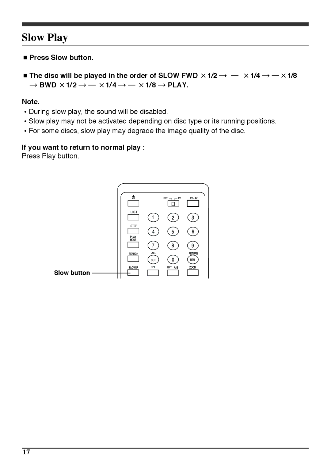 Audiovox PAV6D manual Slow Play, If you want to return to normal play 