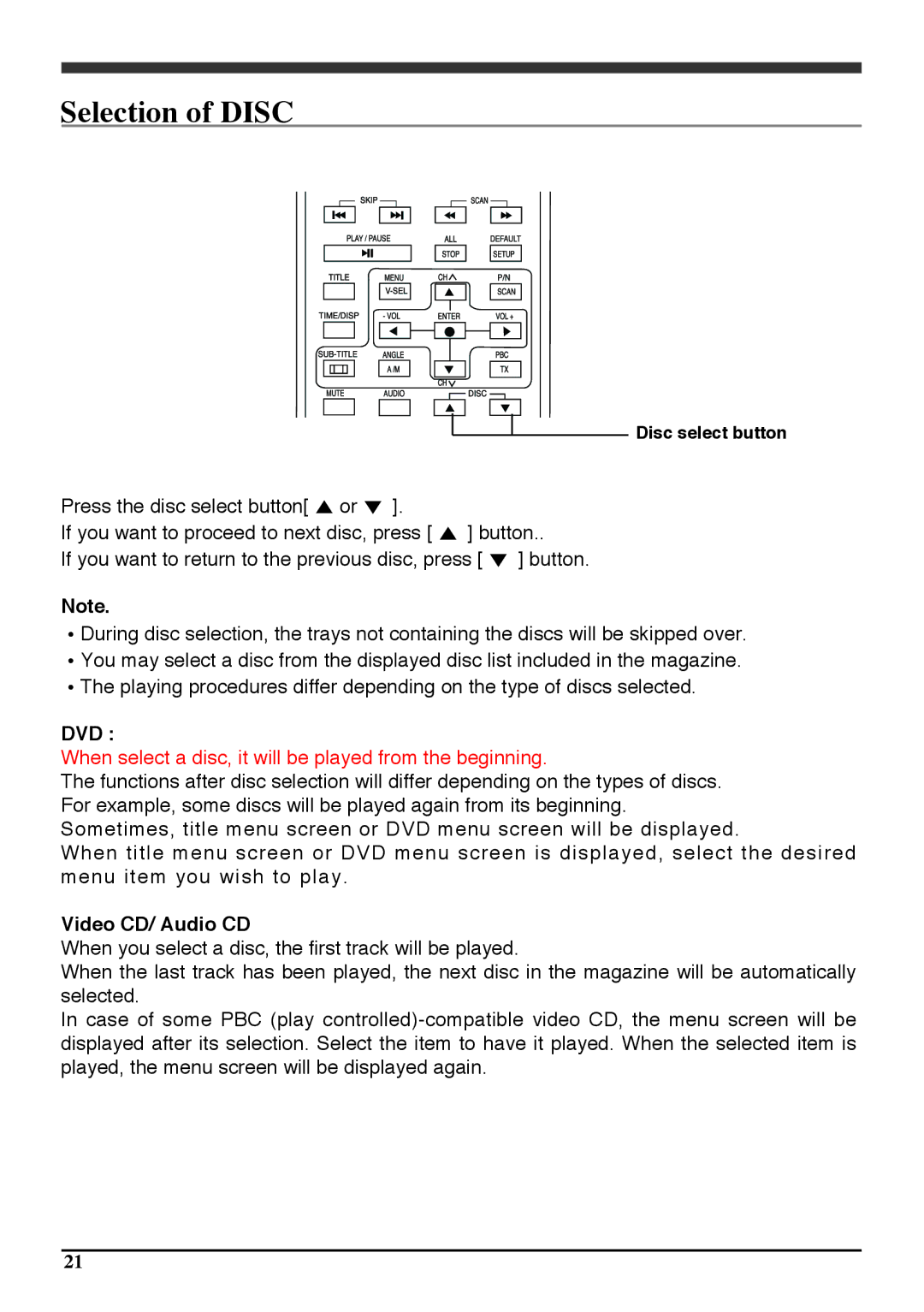 Audiovox PAV6D manual Selection of Disc, Video CD/ Audio CD 