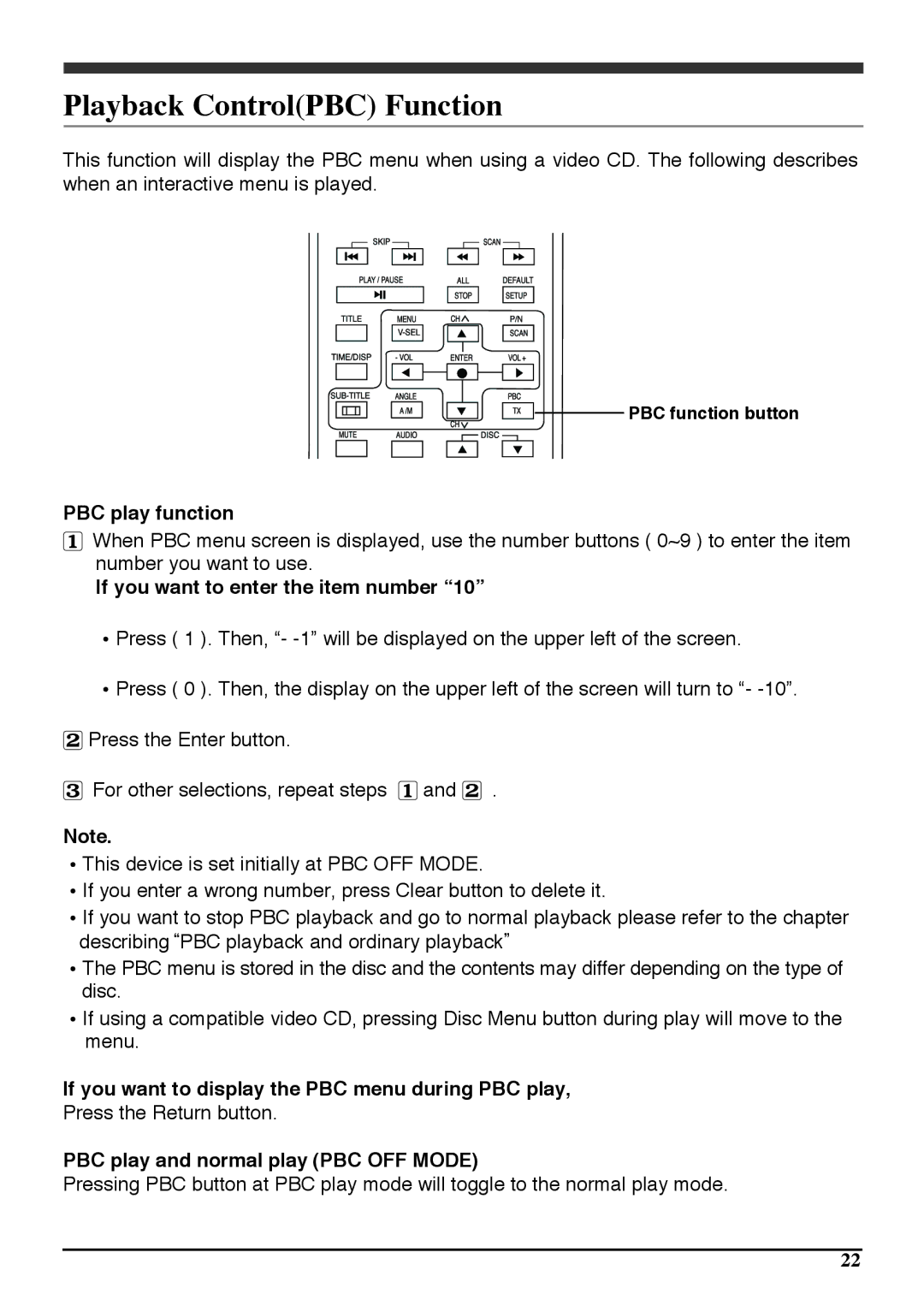 Audiovox PAV6D manual Playback ControlPBC Function, PBC play function, If you want to enter the item number 