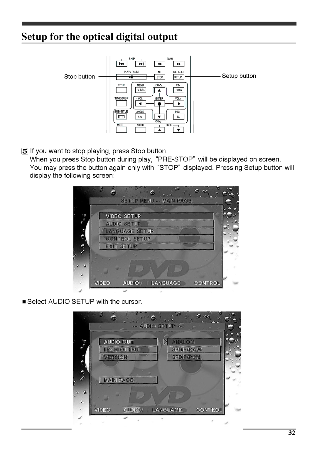 Audiovox PAV6D manual Setup for the optical digital output 