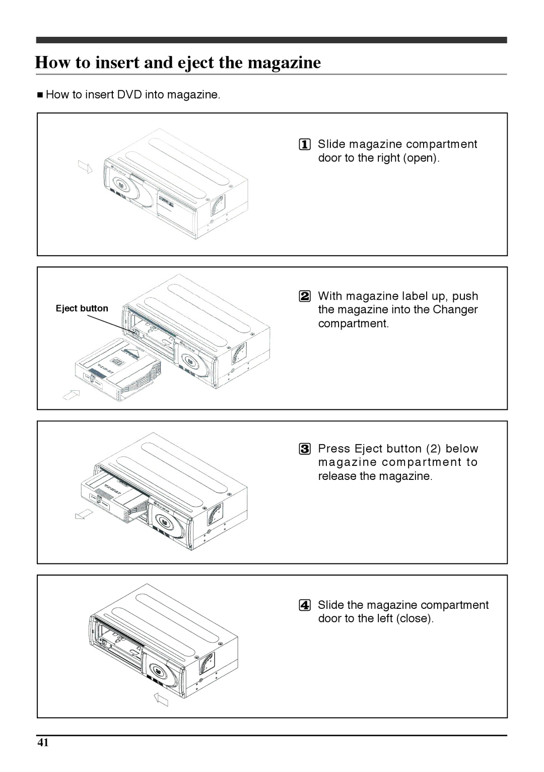 Audiovox PAV6D manual How to insert and eject the magazine 