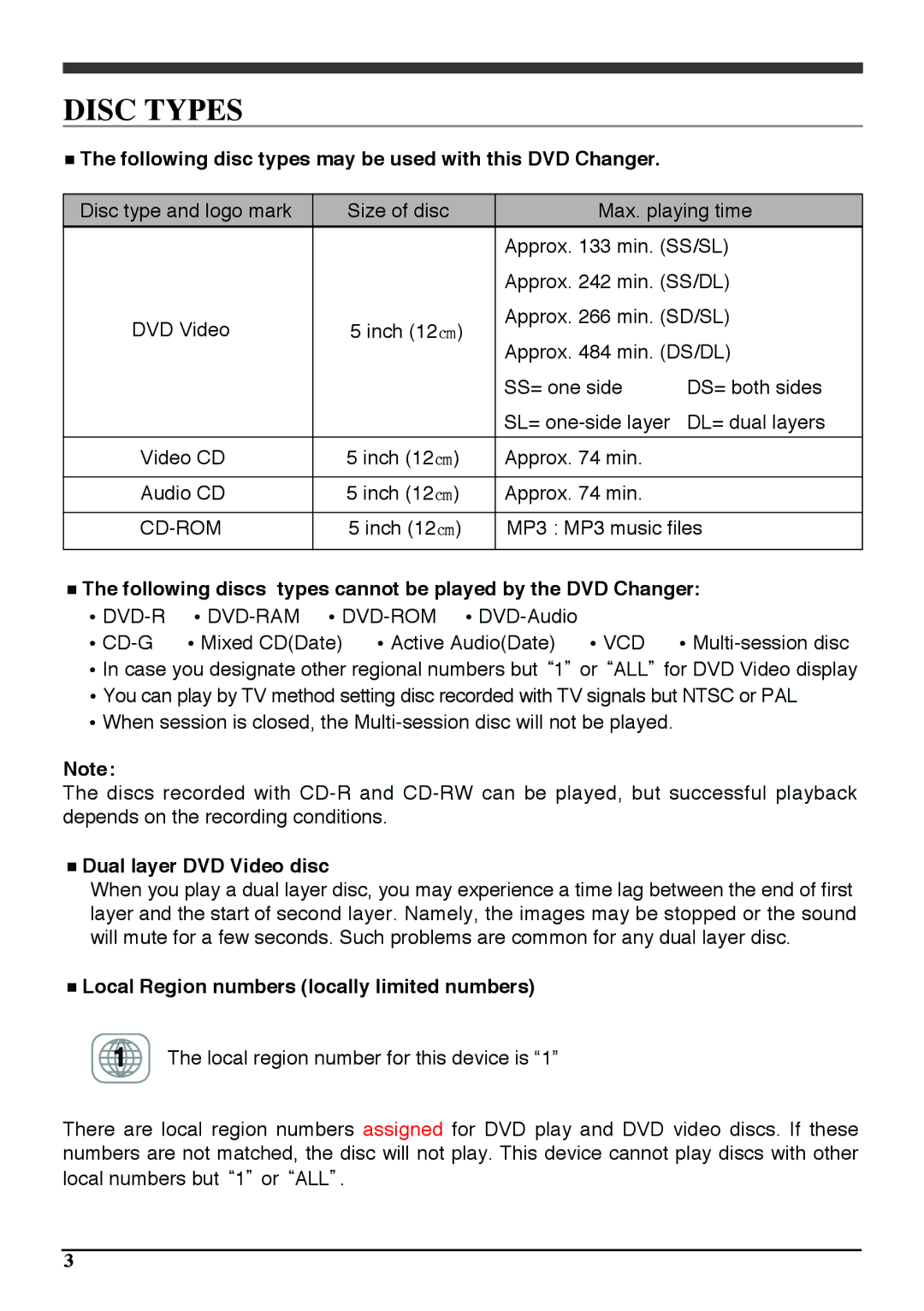 Audiovox PAV6D manual Following disc types may be used with this DVD Changer, Dual layer DVD Video disc 