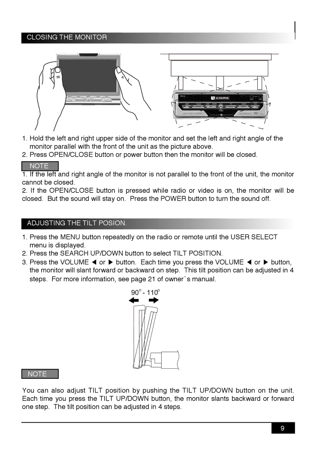 Audiovox PAV9 manual Closing the Monitor, Adjusting the Tilt Posion 